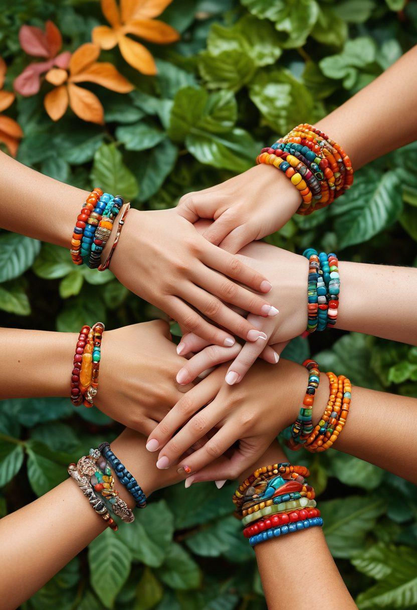 A close-up of colorful hero bracelets in various styles intertwined with hands of diverse individuals, symbolizing unity and community support. In the background, a soft blurred image of a vibrant gathering where people are smiling and exchanging kindness. Enhance the scene with warm, glowing lights and nature elements like leaves to represent growth. super-realistic. vibrant colors.