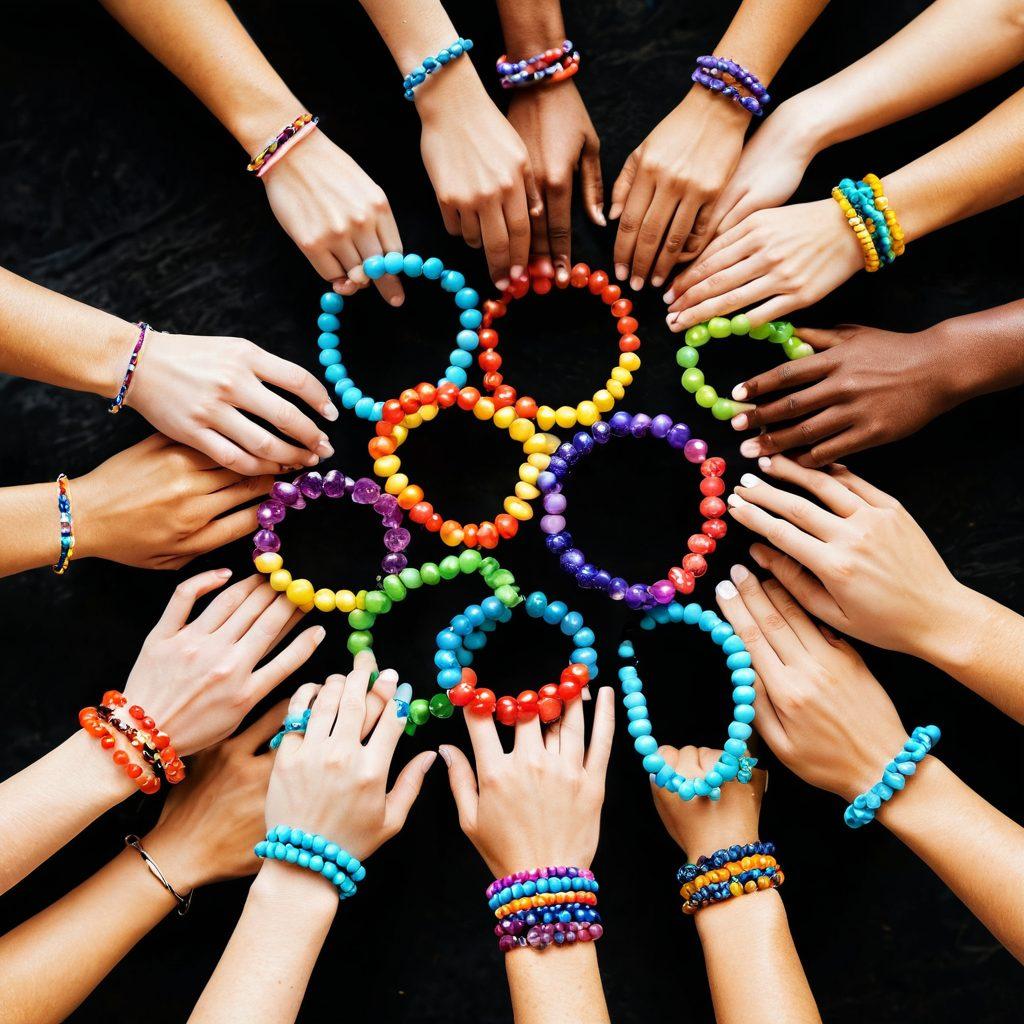 A vibrant display of colorful hero bracelets intricately arranged, each bracelet symbolizing joy and wellness. In the background, subtle silhouettes of people engaging in charitable acts, radiating positivity and community spirit. Soft, warm lighting creates an inviting atmosphere, with hints of nature peeking through, emphasizing the theme of giving and connection. super-realistic. vibrant colors. soft focus.