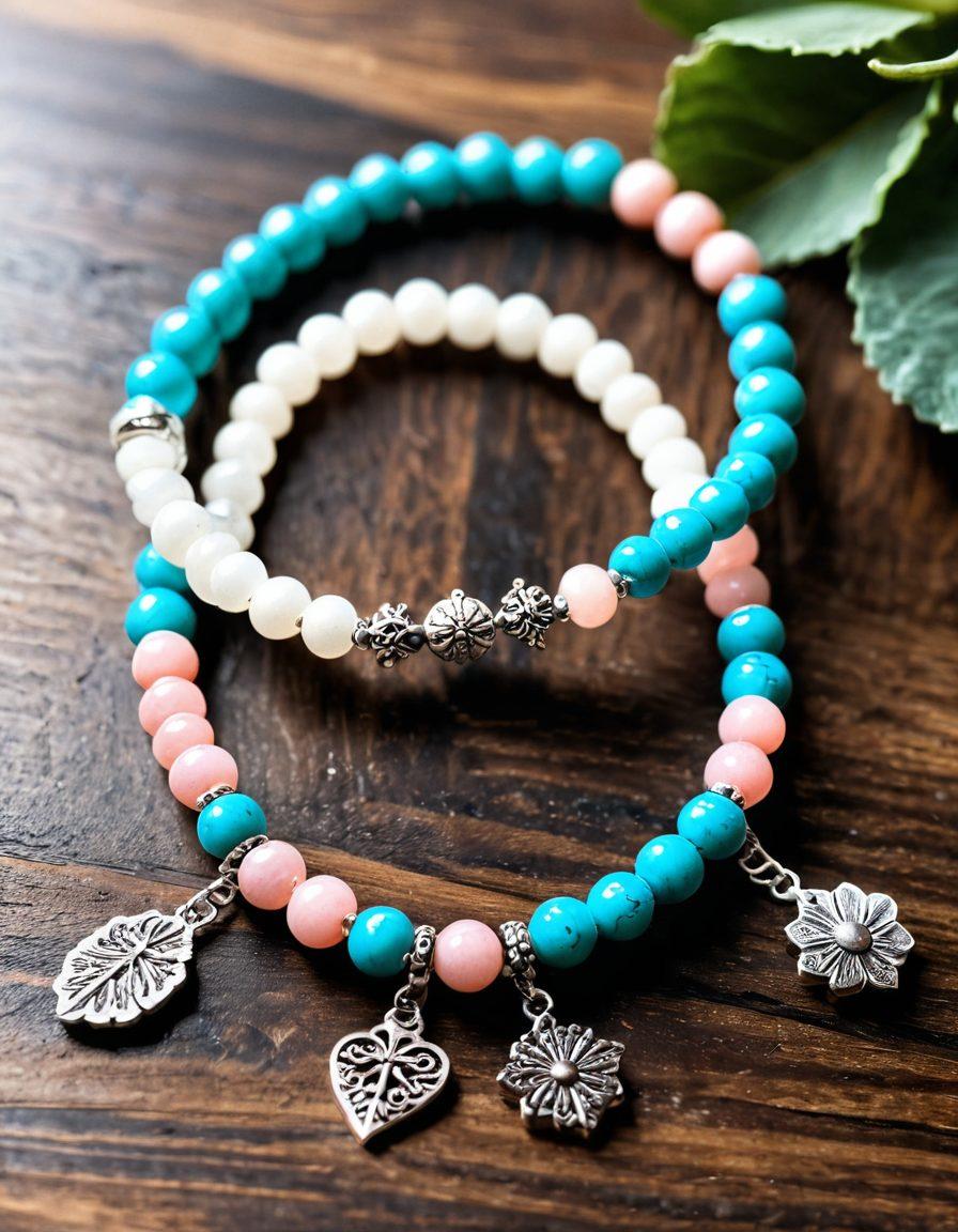 A close-up of beautifully handcrafted hero bracelets made with colorful beads and charms, symbolizing love and mindfulness, placed on a textured wooden background. Soft, glowing light shines on the bracelets, highlighting their intricate designs. Surround the bracelets with delicate floral arrangements and peaceful elements like stones or candles to evoke a sense of connection and support. super-realistic. soft lighting. vibrant colors.